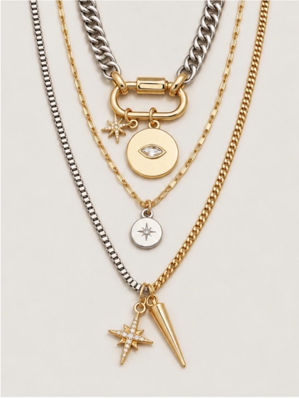 New! Gold Silver Mixed Metal Evil Eye Stack Necklace Set 5011